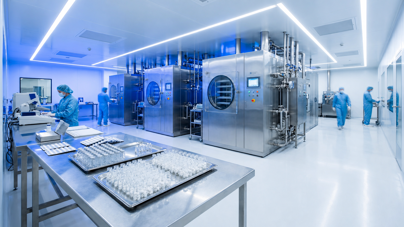 Clean manufacturing suite with stainless processing equipment and production staff