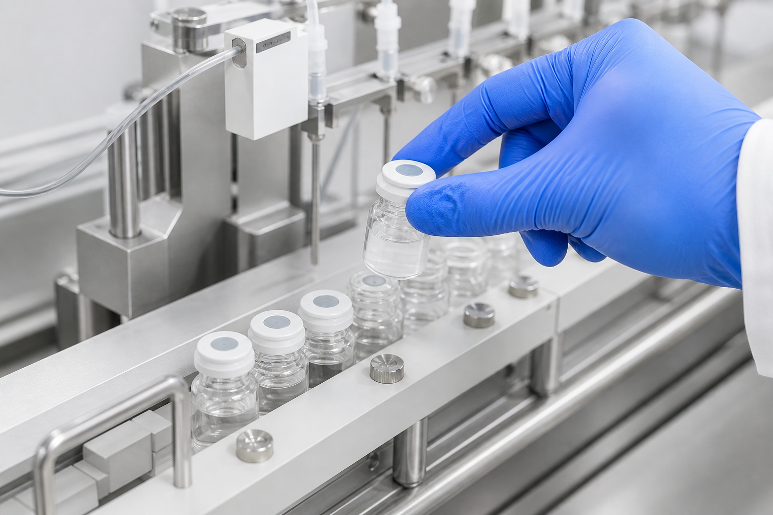 Blue-gloved hand handling a peptide sample vial near laboratory equipment