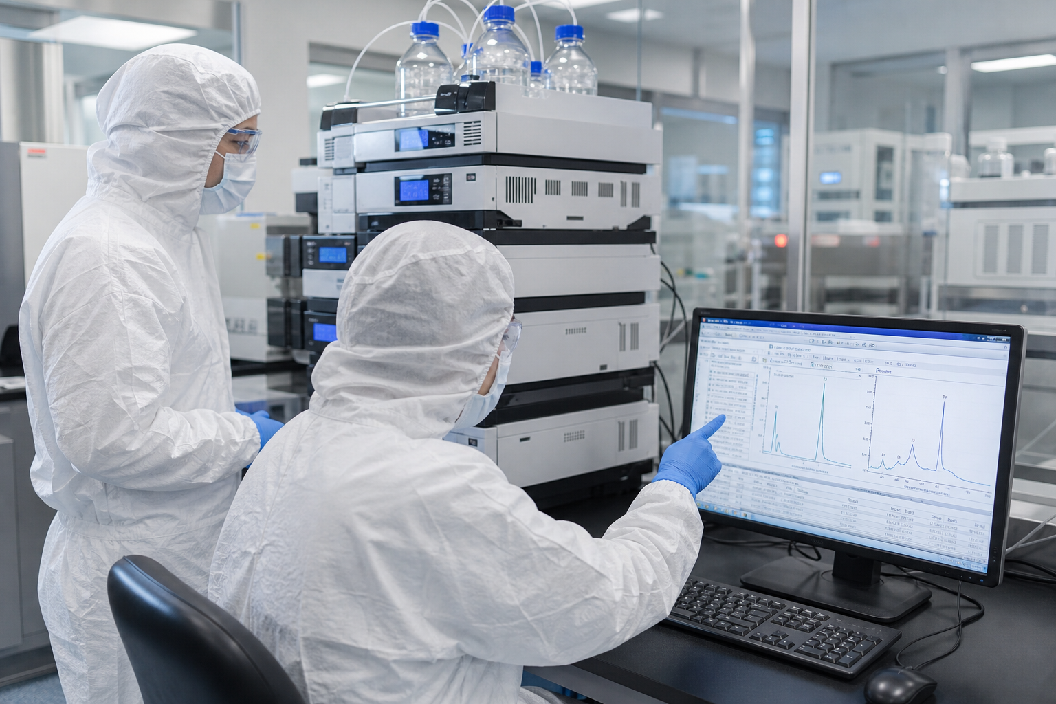 Cleanroom technicians reviewing peptide purification equipment and analytical data