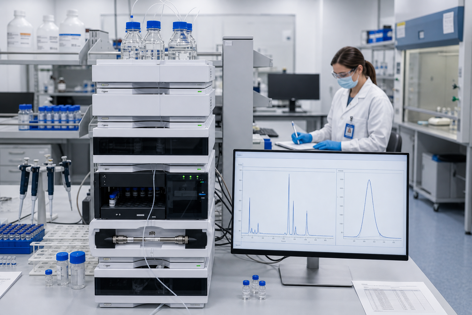 HPLC analytical workstation with chromatogram display and laboratory technician